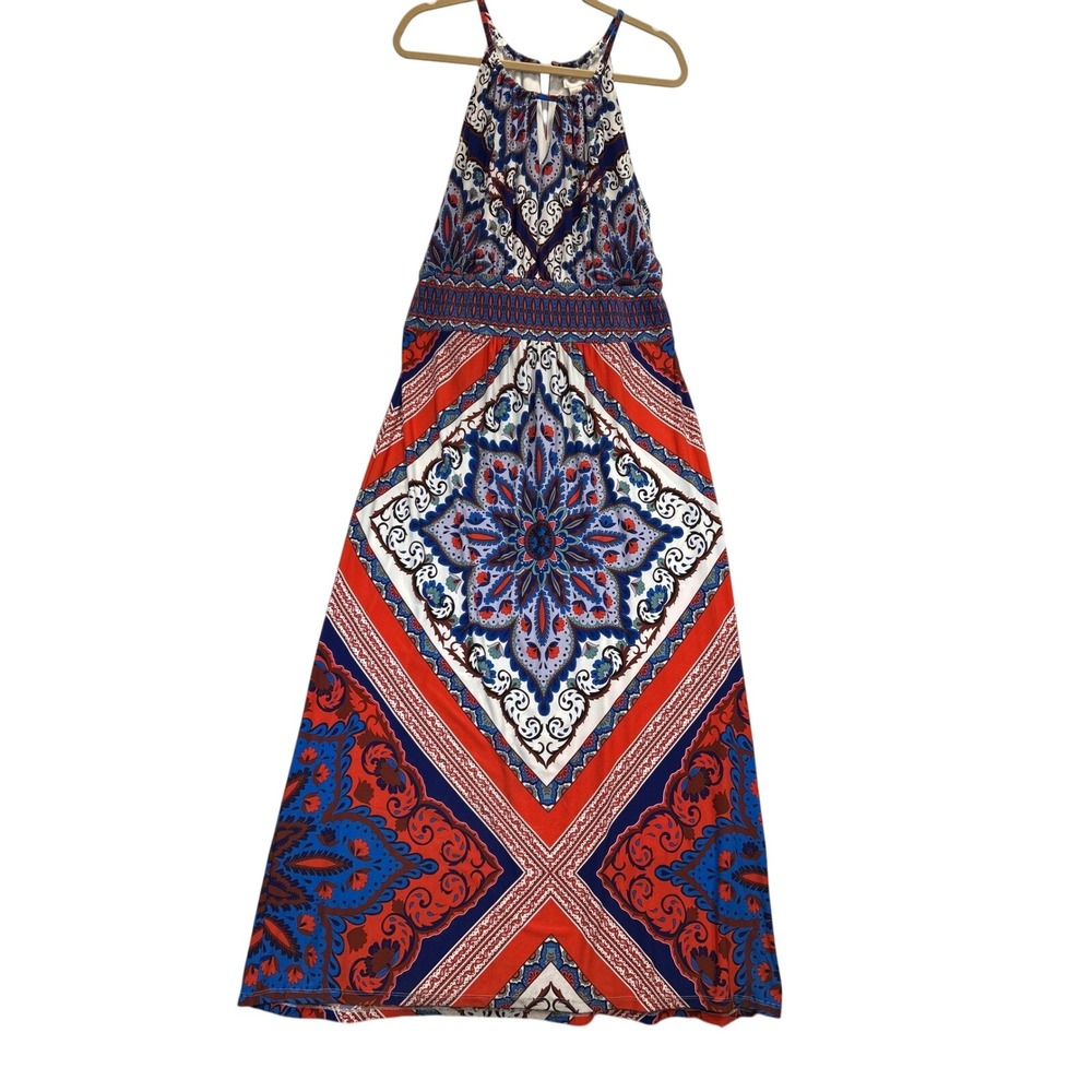 Chicos Maxi Dress Womens 3 Orange Blue White Sleeveless Halter Neck‎